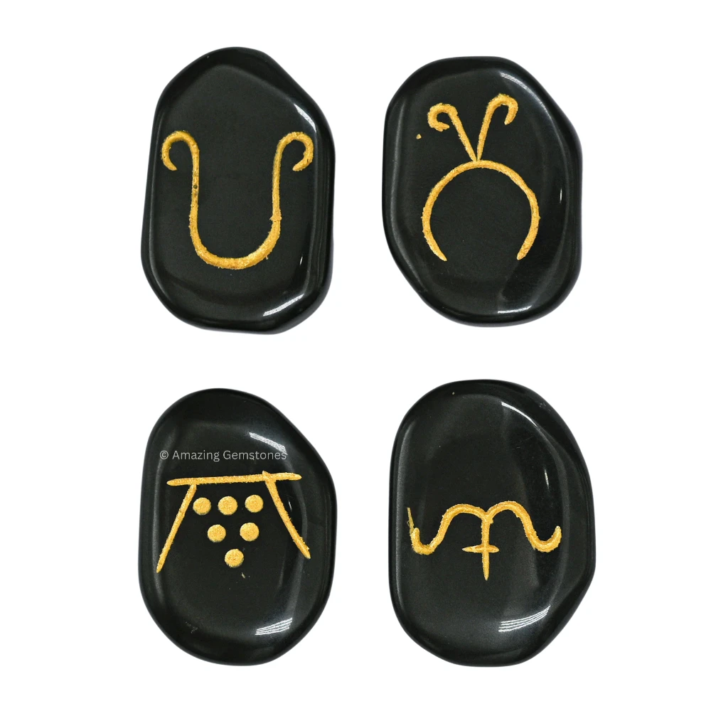Black Agate Seasonal Pagan Wiccan Engraved Stones (Set of 4)