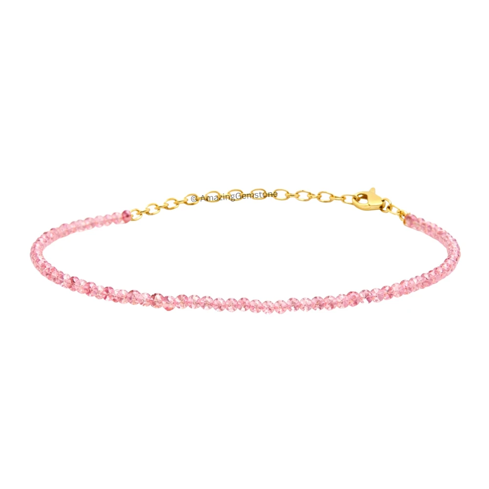 Pink Strawberry Crystal Bracelet - 2mm Faceted Bead (Gold)
