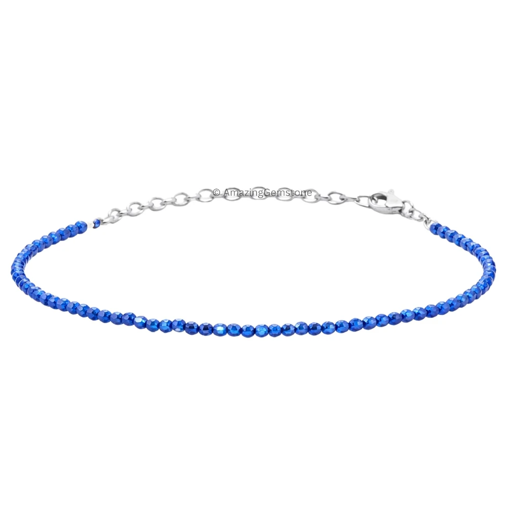 Dark Blue Chalcedony Crystal Bracelet - 2mm Faceted Bead (Silver)