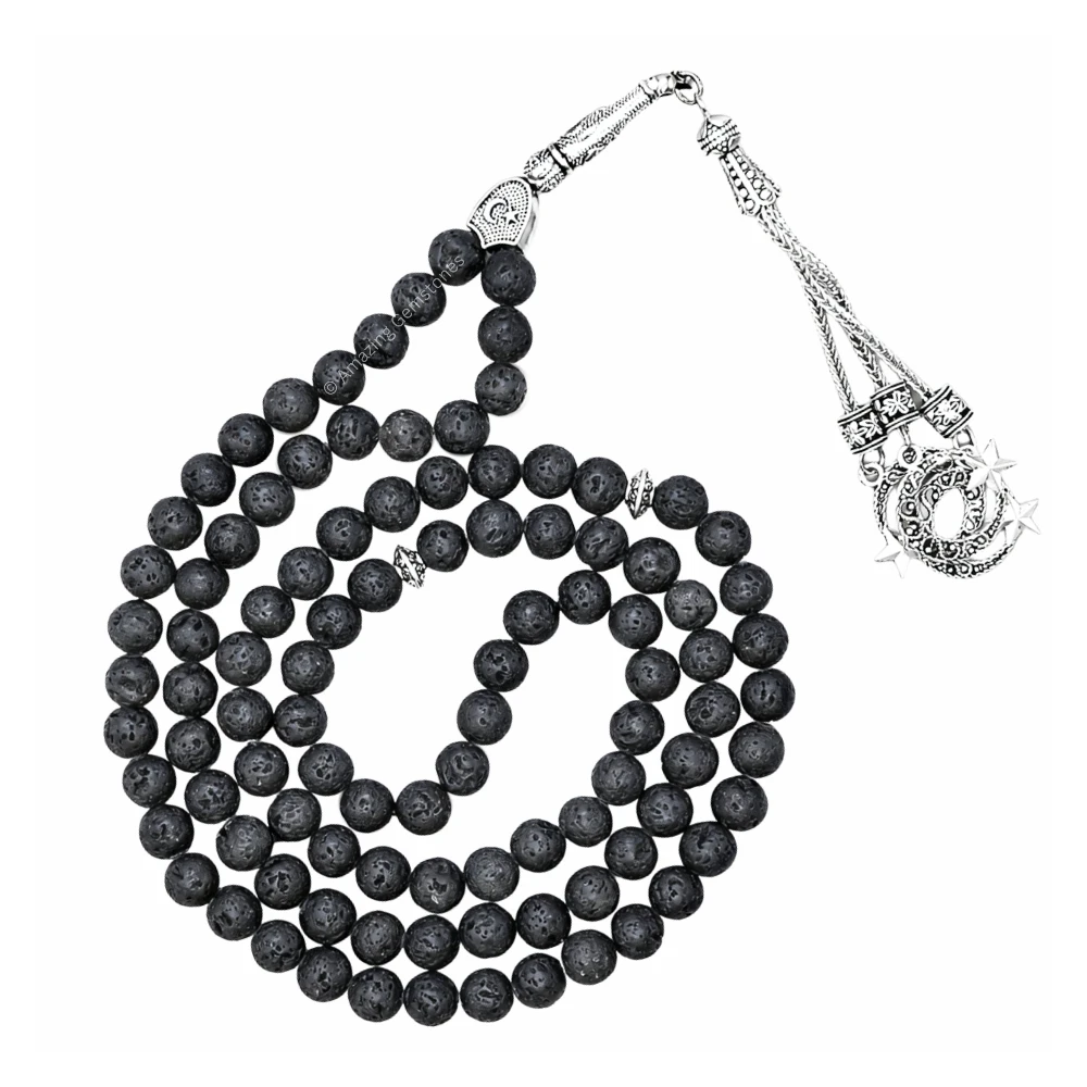 Lava Stone Crystal Tasbeeh Sibha Prayer Beads (Silver)