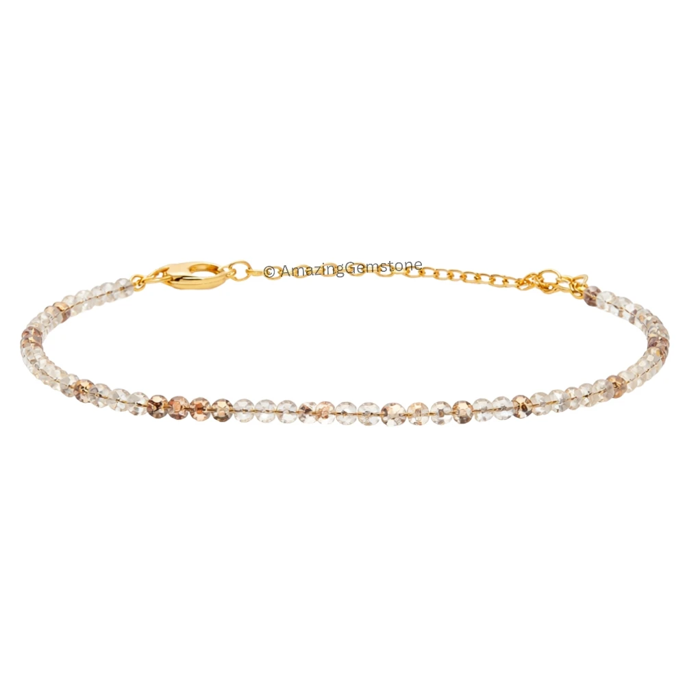 Copper Rutilated Quartz Crystal Bracelet - 2mm Faceted Bead (Gold)