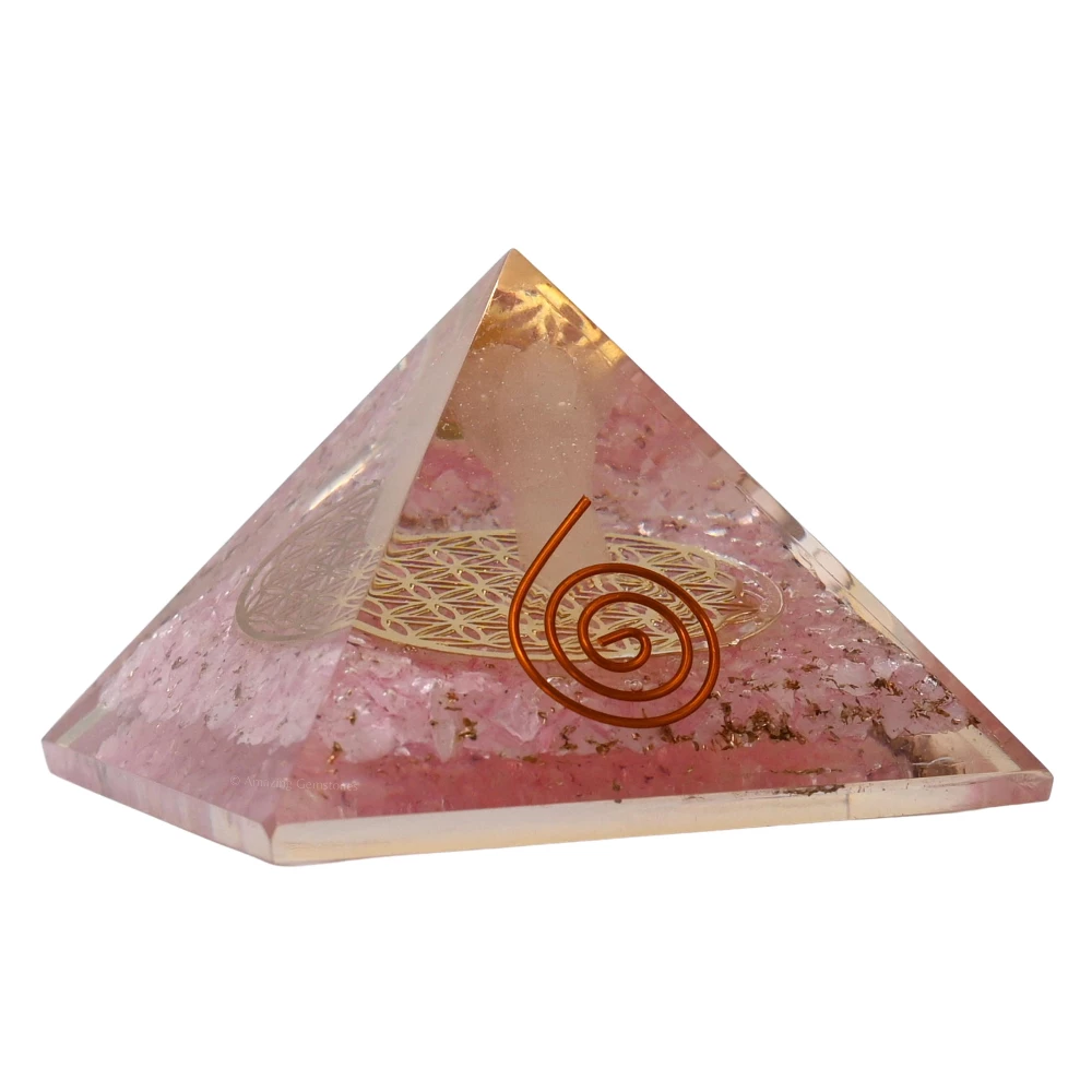 Rose Quartz Orgone Pyramid - Flower of Life with Angel