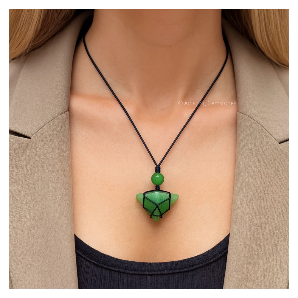 Green Aventurine Pyramid Pendant Necklace (Macrame)