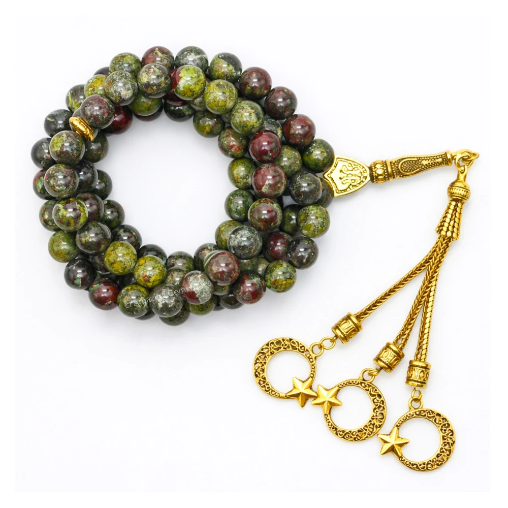 Dragon Bloodstone Crystal Tasbeeh Sibha Prayer Beads (Gold)