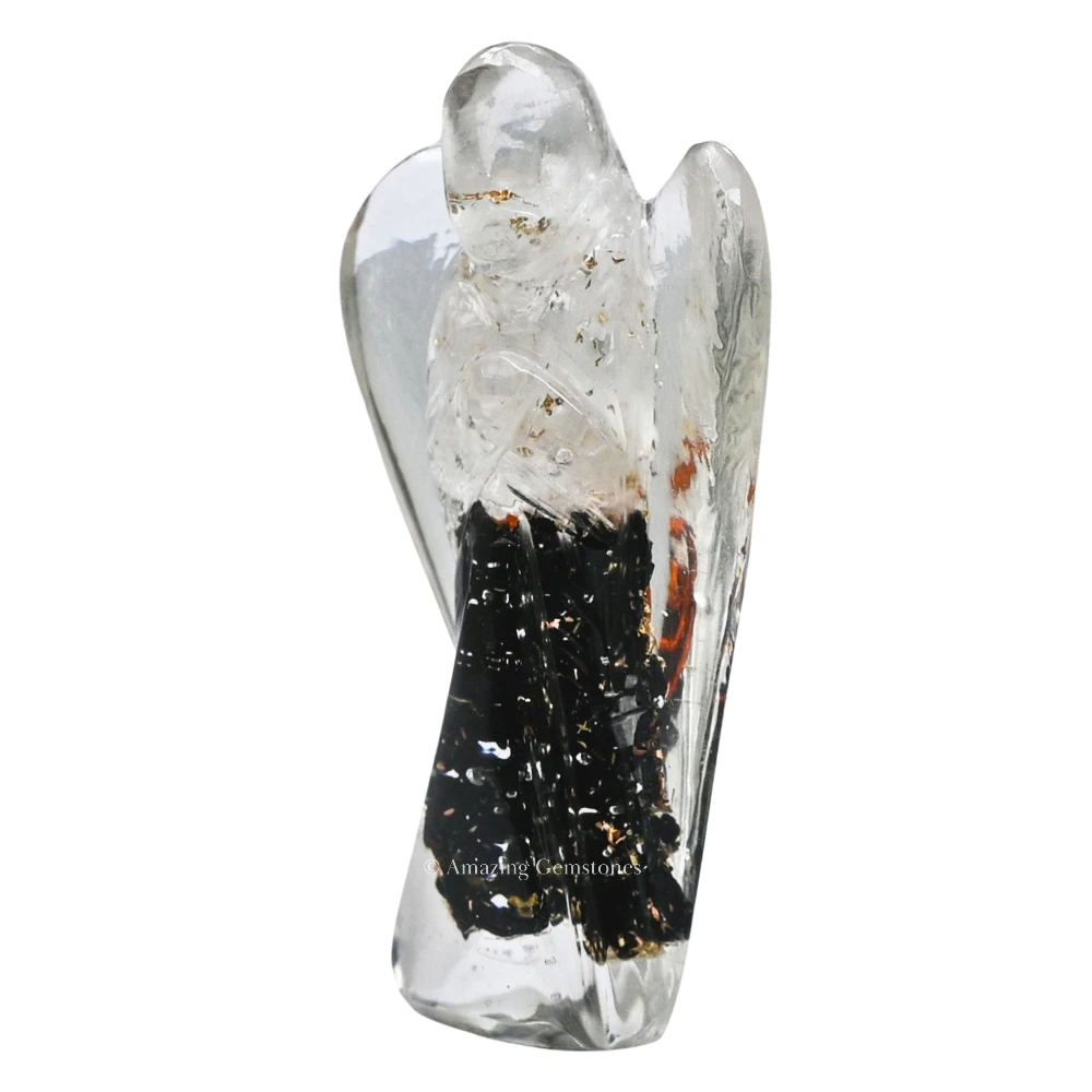Selenite Black Tourmaline Orgone Angel Figurine (Layer) (2 Inch)