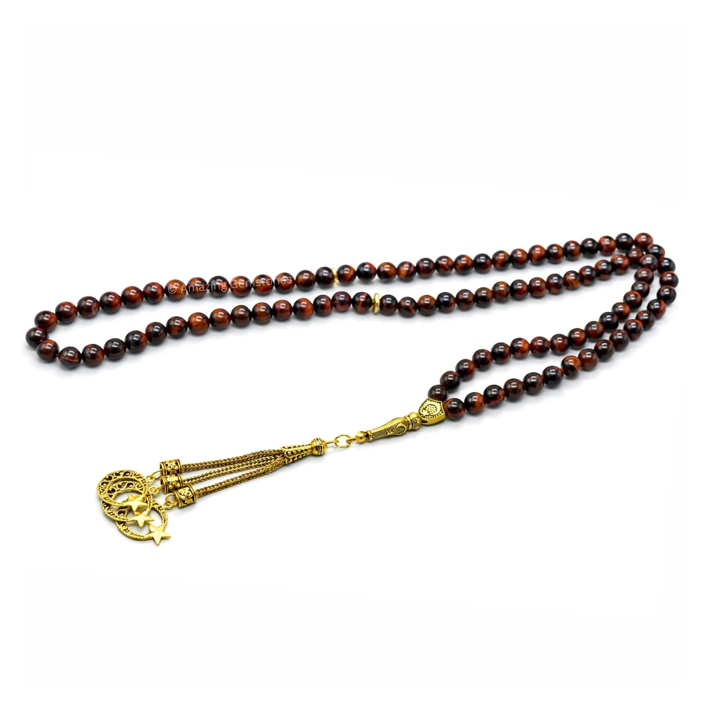 Red Tiger Eye Crystal Tasbeeh Sibha Prayer Beads (Gold)