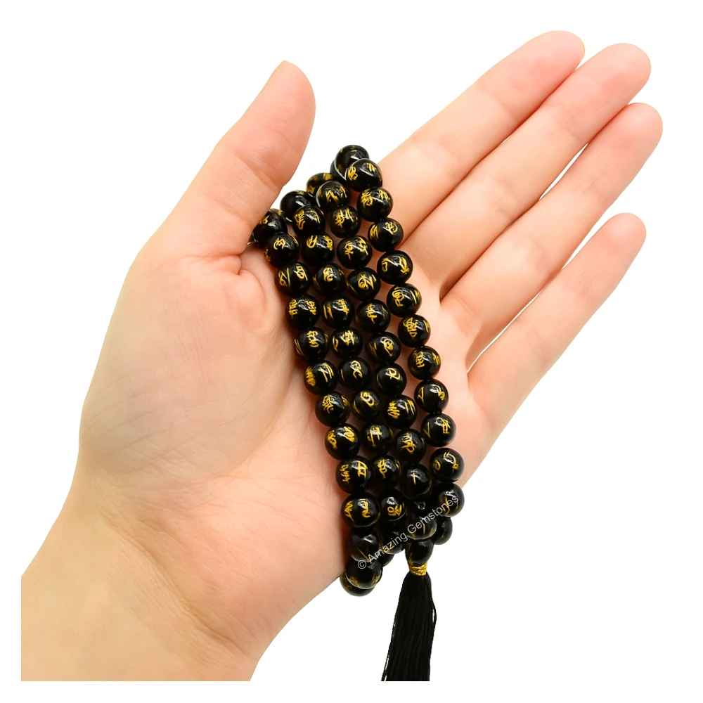 Black Agate Mala (Om Mani Padme Hum) (Without Knot)