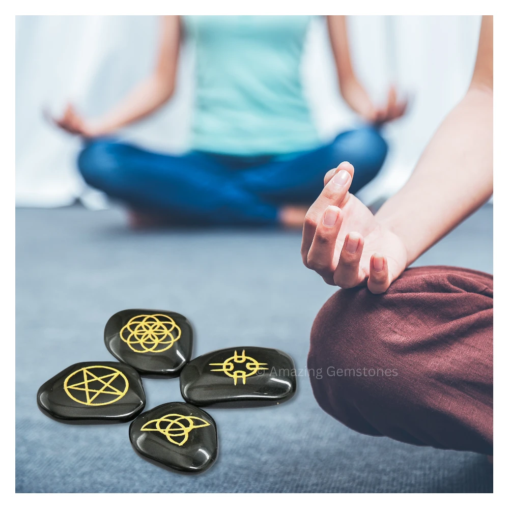 Black Agate Wiccan Engraved Stones (Set of 4)