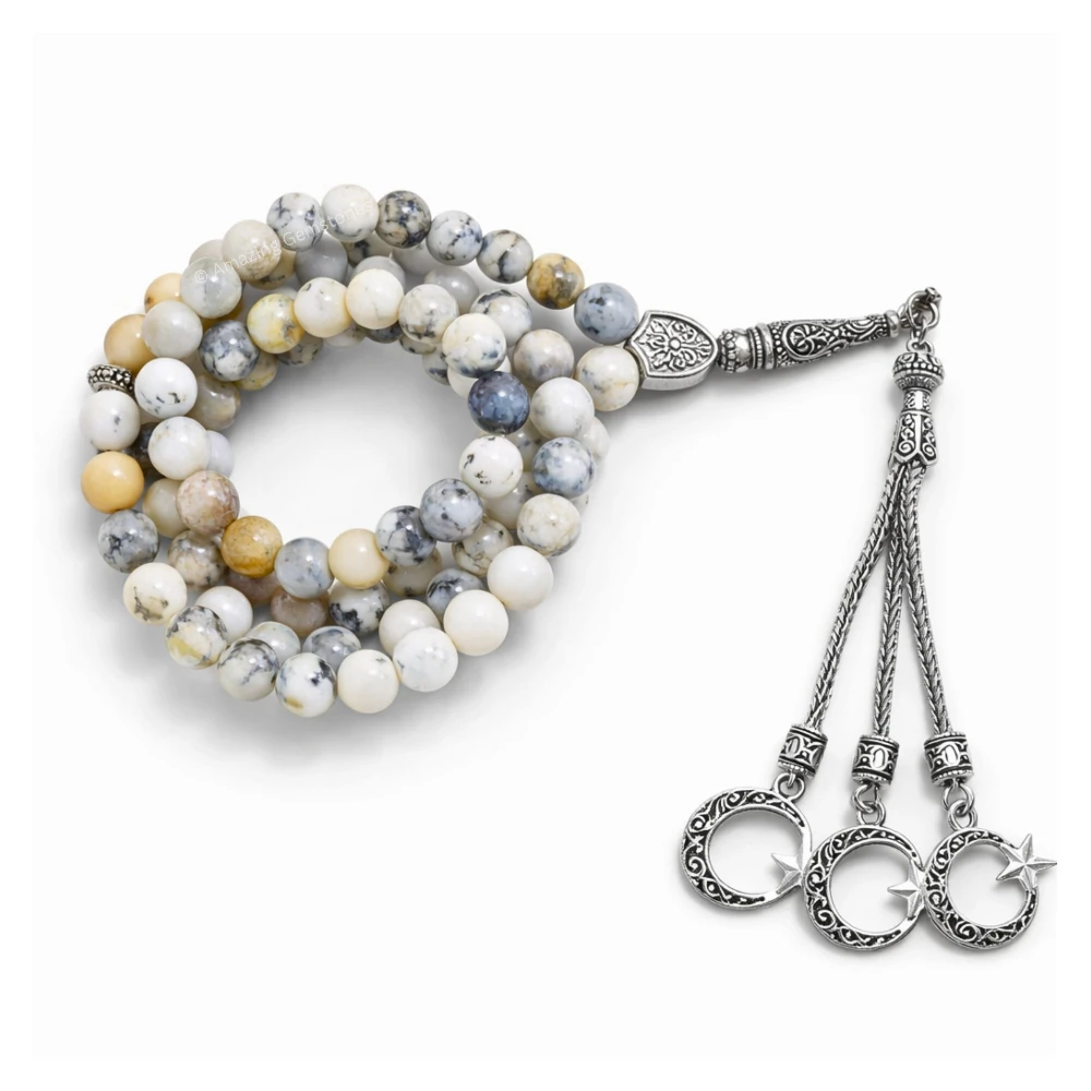 Dendrite Opal Crystal Tasbeeh Sibha Prayer Beads (Silver)