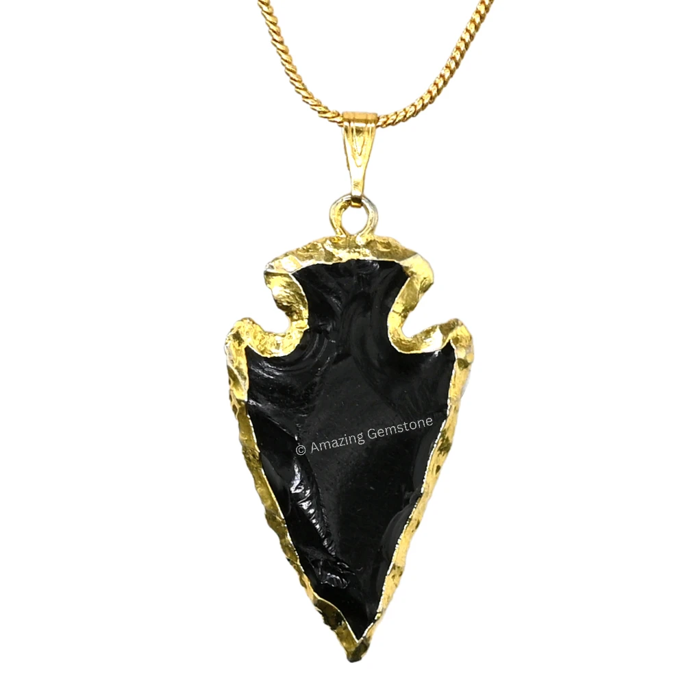 Black Obsidian Arrowhead Pendant - Gold Plated