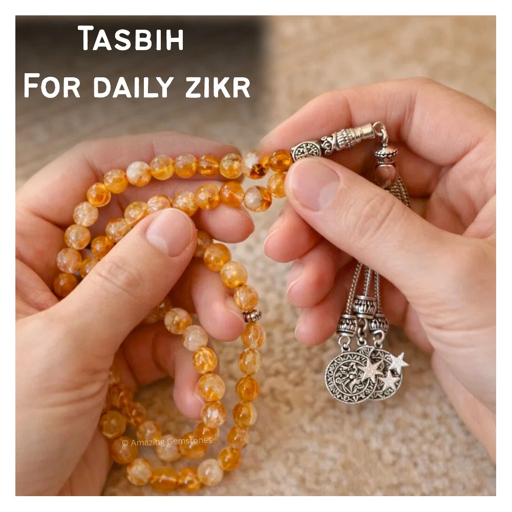 Natural Citrine Crystal Tasbeeh Sibha Prayer Beads (Silver)