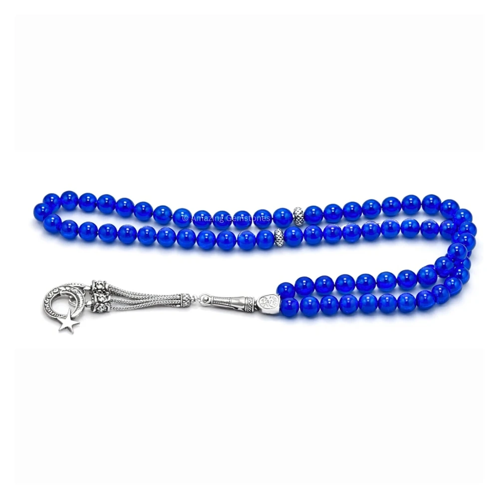 Blue Jade Crystal Tasbeeh Sibha Prayer Beads (Silver)