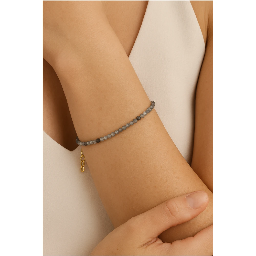 Black Rutilated Quartz Crystal Bracelet - 2mm Faceted Bead (Gold)
