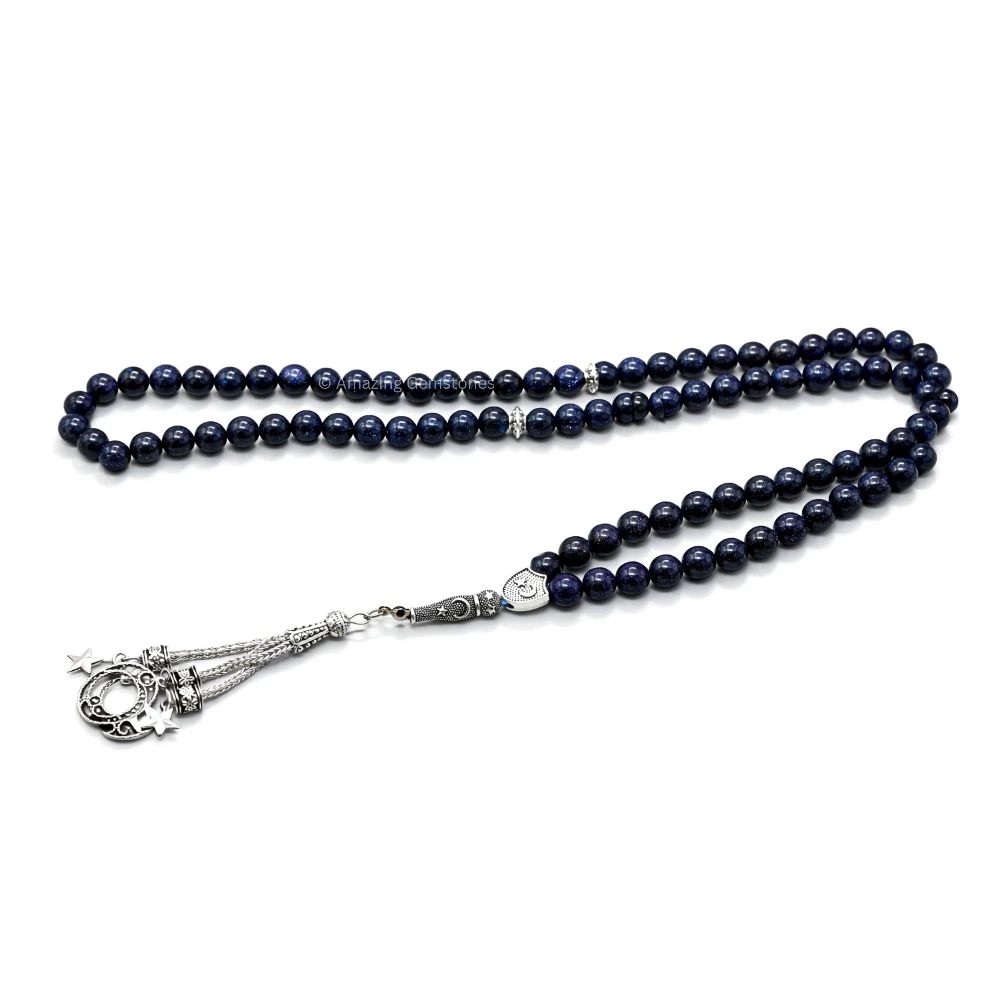 Blue Goldstone Crystal Tasbeeh Sibha Prayer Beads (Silver)