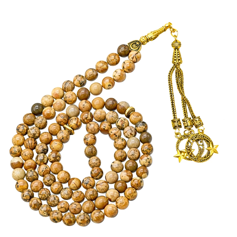 Picture Jasper Crystal Tasbeeh Sibha Prayer Beads (Gold)
