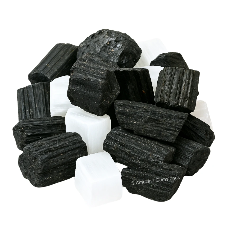 Black Tourmaline Selenite Raw Crystals (2 Pieces)