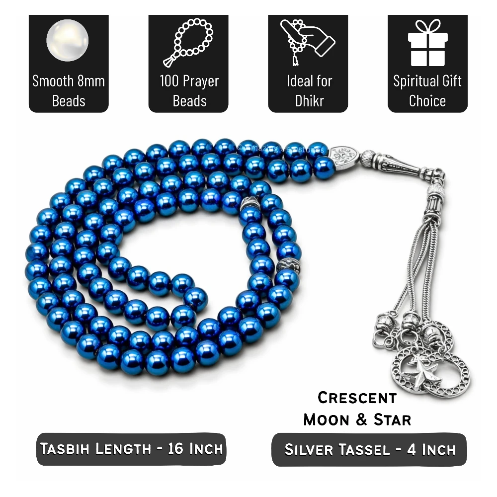 Blue Hematite Crystal Tasbeeh Sibha Prayer Beads (Silver)