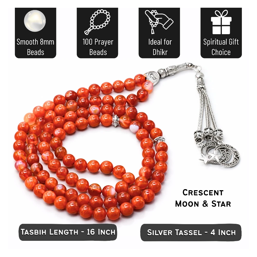 Red Banded Agate Crystal Tasbeeh Sibha Prayer Beads (Silver)