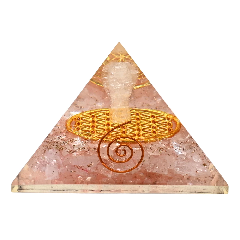 Rose Quartz Orgone Pyramid - Flower of Life with Angel