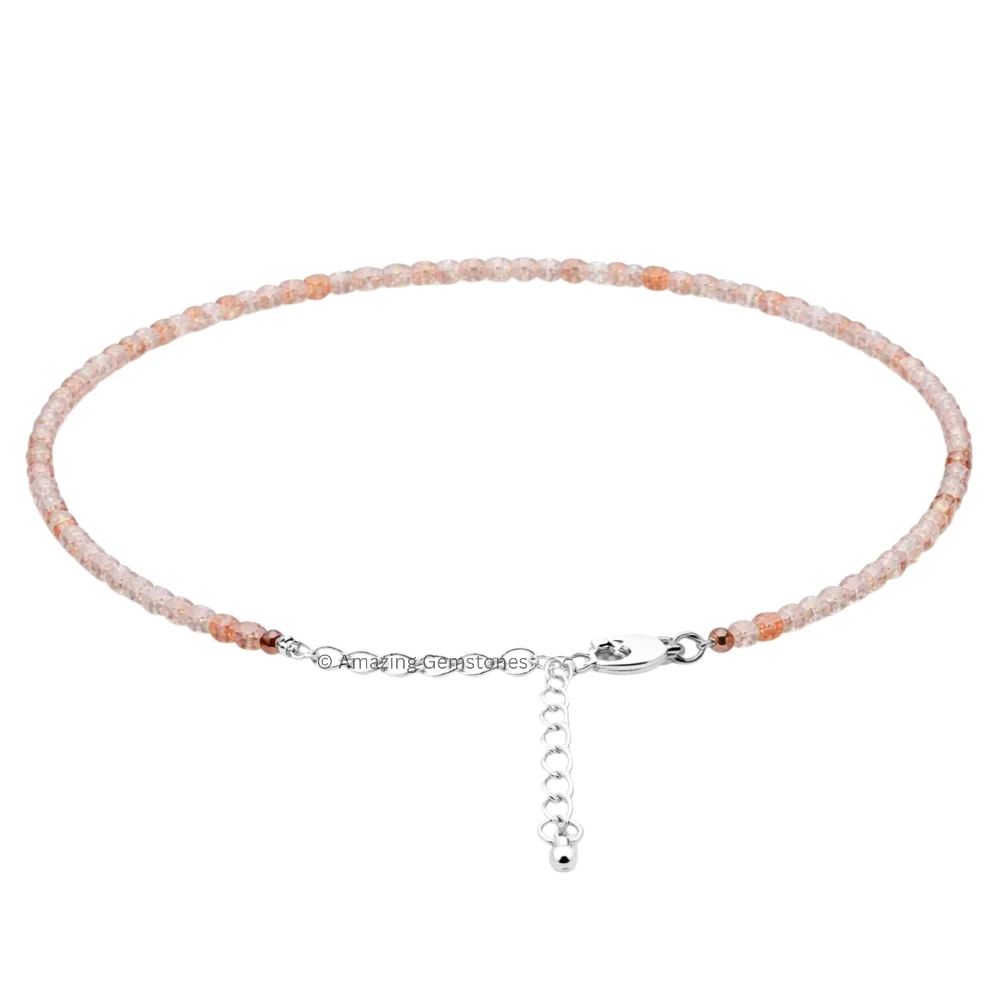 Copper Rutilated Quartz Crystal Anklet - 2mm Faceted Bead (Silver)