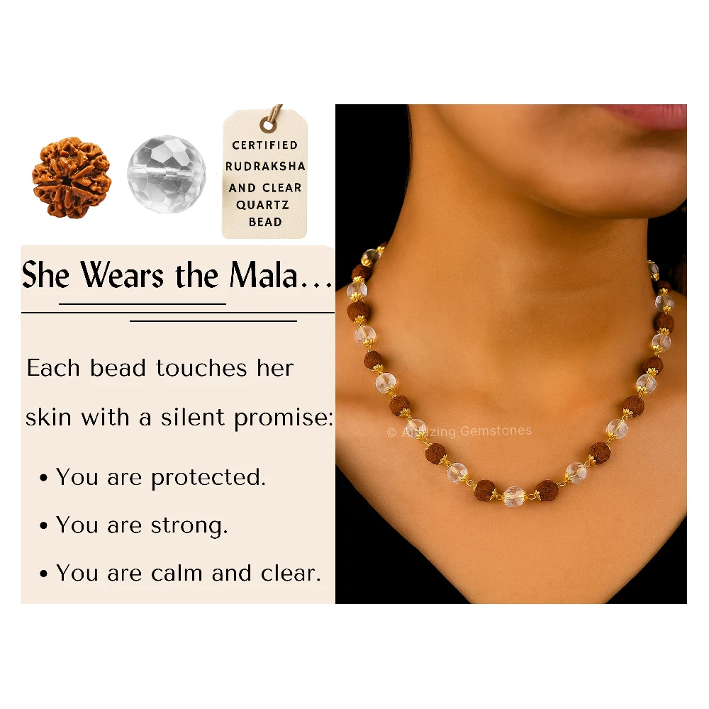 Rudraksha and Sphatik Mala Necklace (Gold Chain) (Faceted)