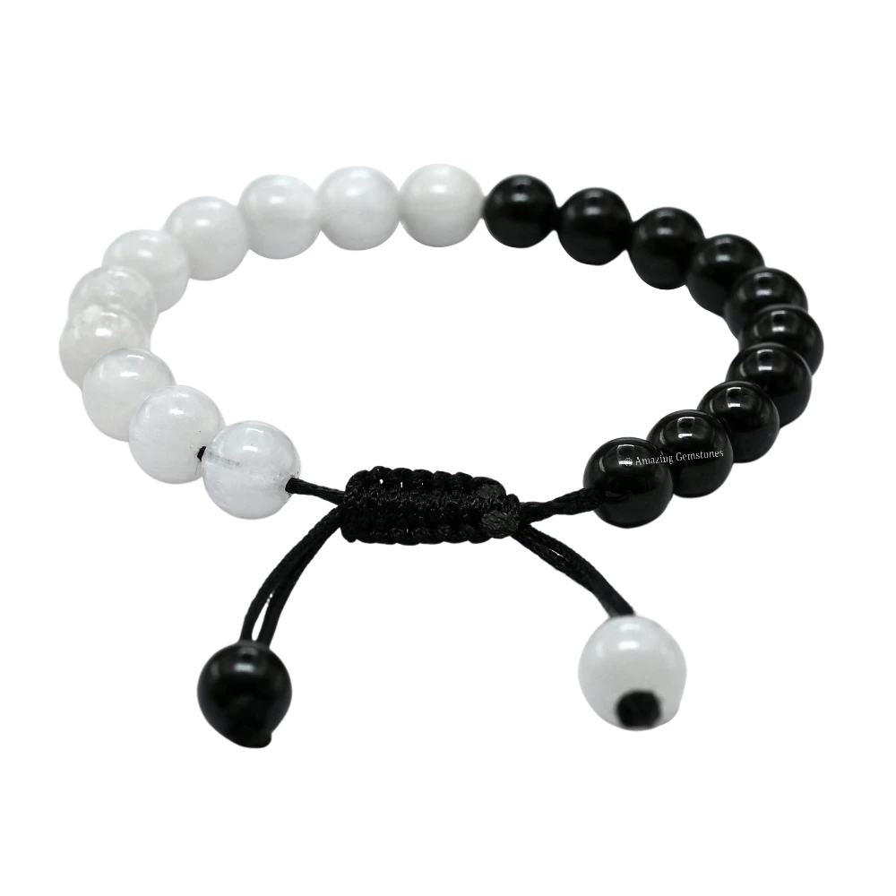 Black Tourmaline Selenite Bracelet (Adjustable)