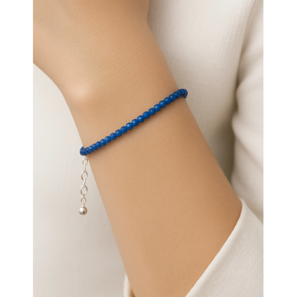 Dark Blue Chalcedony Crystal Bracelet - 2mm Faceted Bead (Silver)