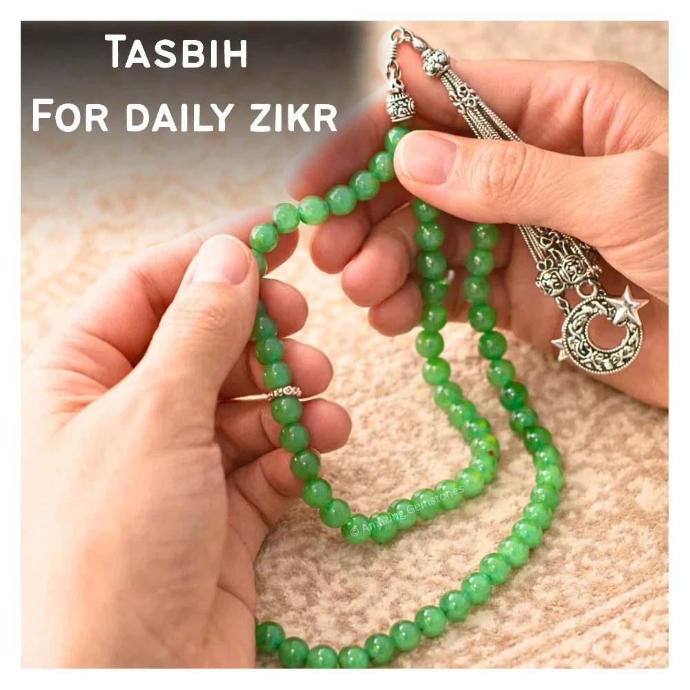Green Aventurine Crystal Tasbeeh Sibha Prayer Beads (Silver)