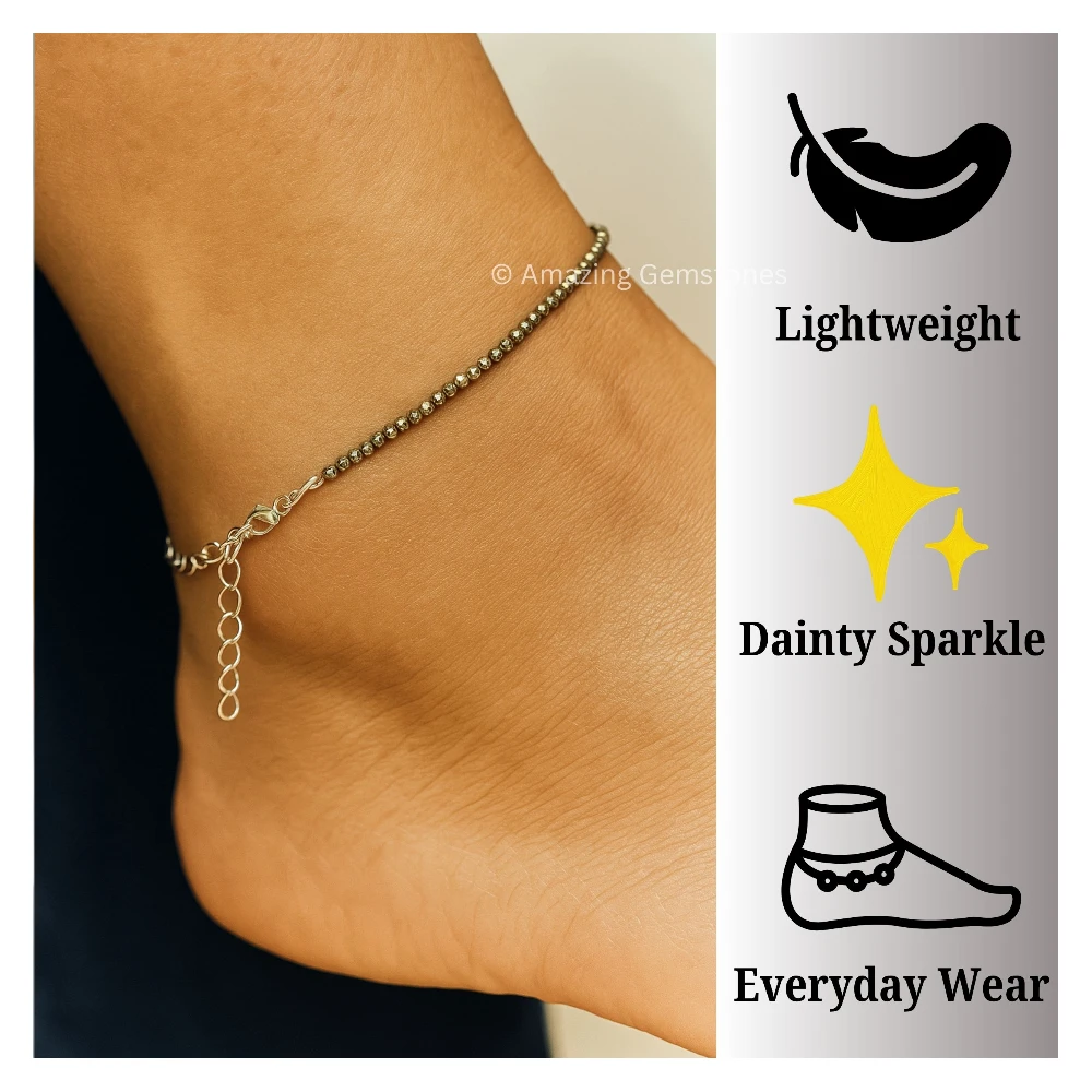 Pyrite Crystal Anklet - 2mm Faceted Bead (Silver)