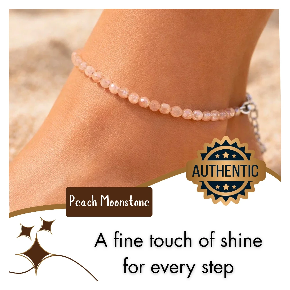 Peach Moonstone Crystal Anklet - 2mm Faceted Bead (Silver)