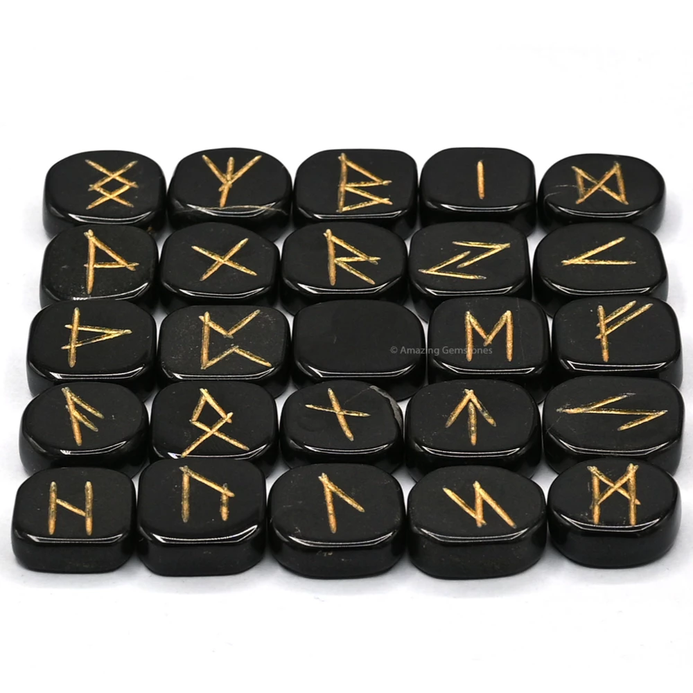 Black Tourmaline Rune Stones Set (Premium)