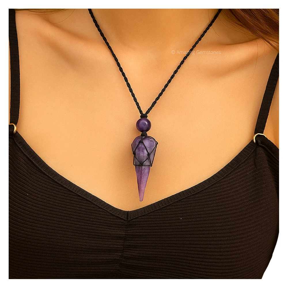 Lepidolite Pendulum Pendant Necklace (Macrame)