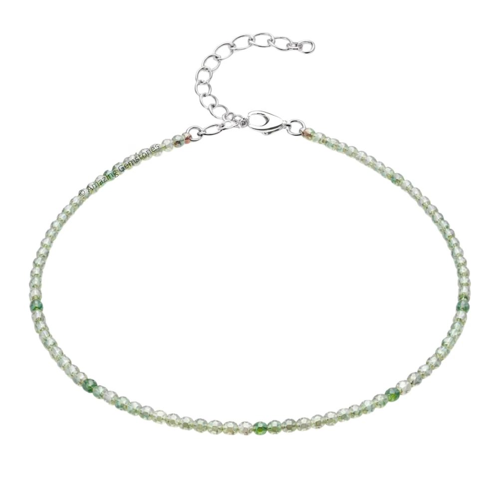 Green Amethyst Crystal Anklet - 2mm Faceted Bead (Silver)