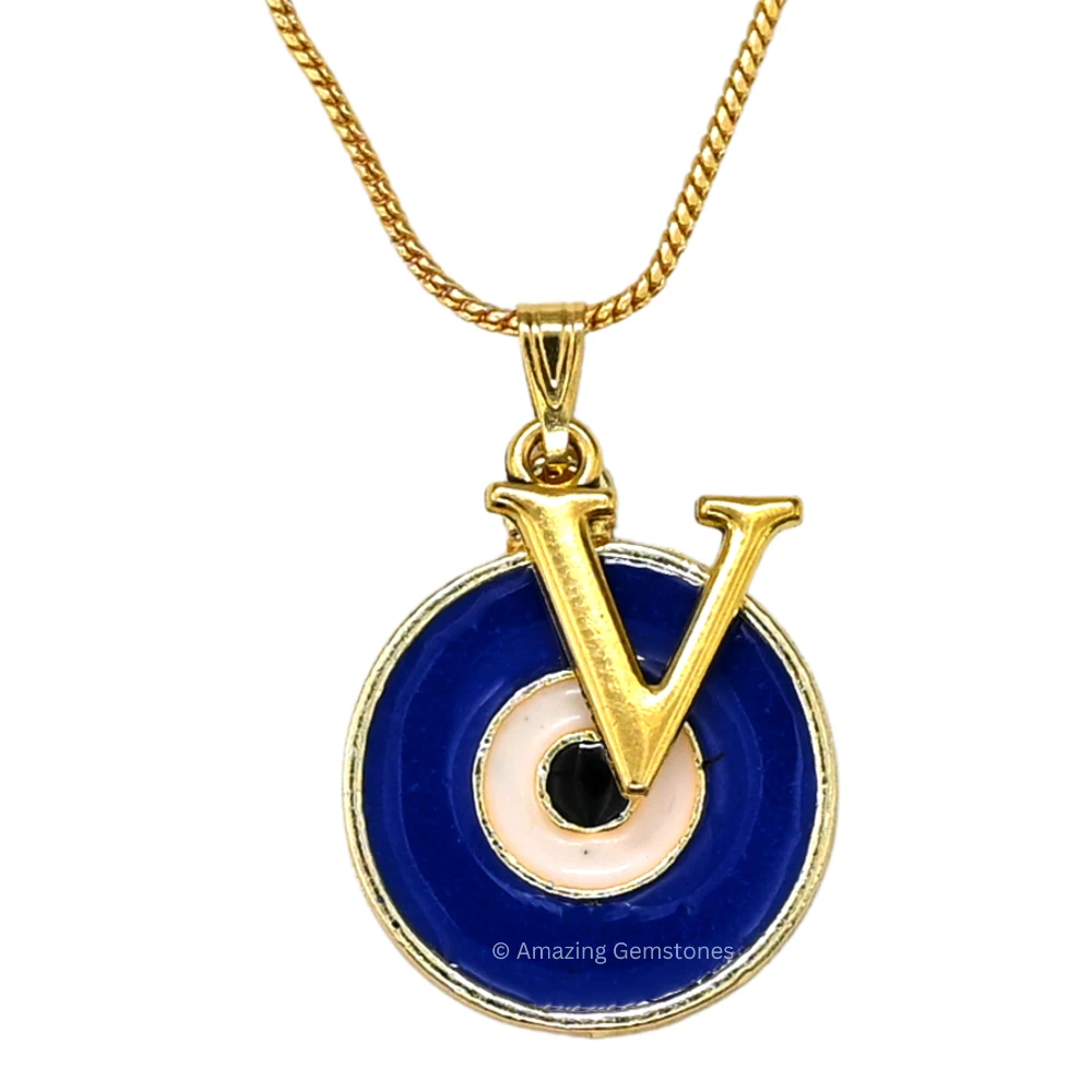 Evil Eye Pendant Necklace with V Initial