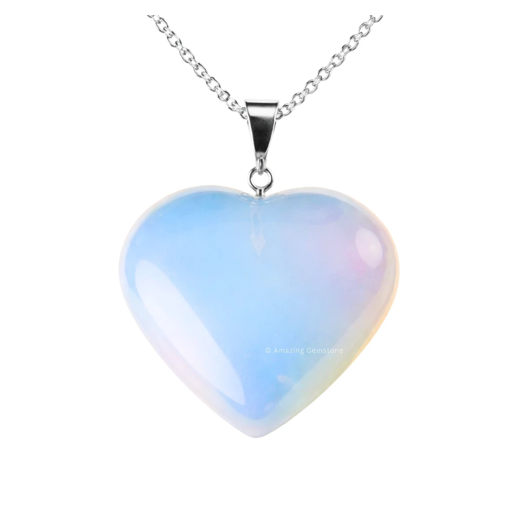 Opalite Heart Crystal Necklace (Puffy Heart)