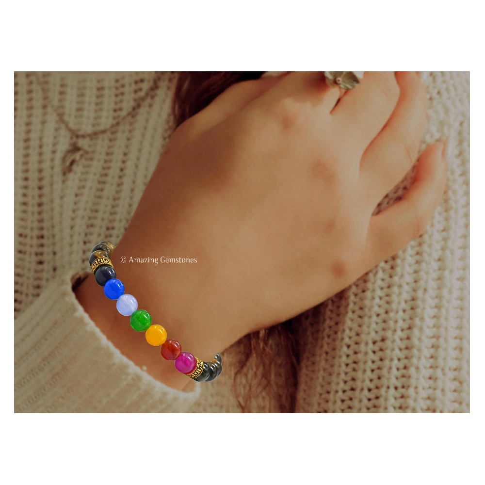 Tiger Eye Hamsa Chakra Bracelet (Strechable)