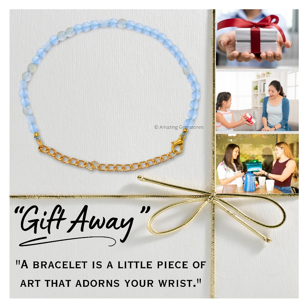 Aquamarine Crystal Bracelet - 2mm Faceted Bead (Gold)