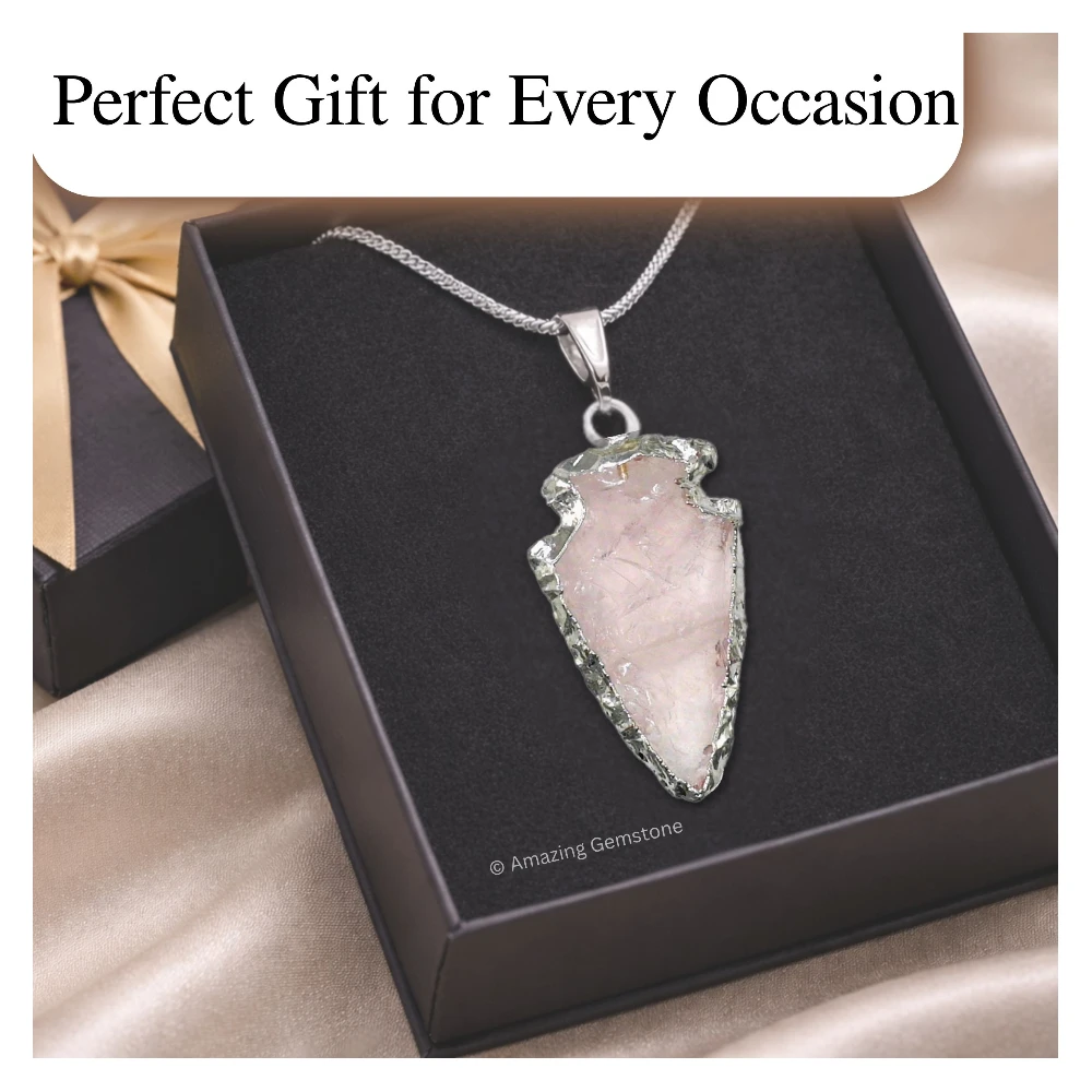 Rose Quartz Arrowhead Pendant - Silver Plated