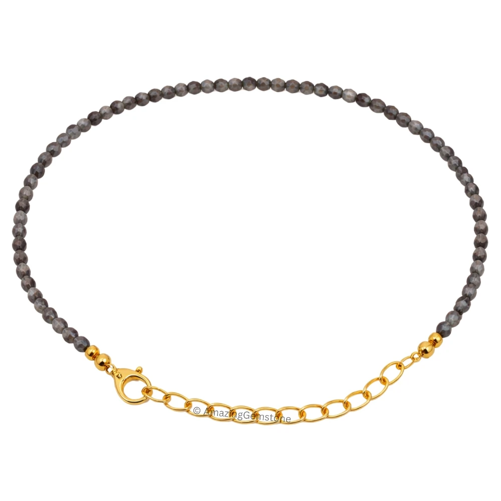 Grey Cats Eye Crystal Bracelet - 2mm Faceted Bead (Gold)