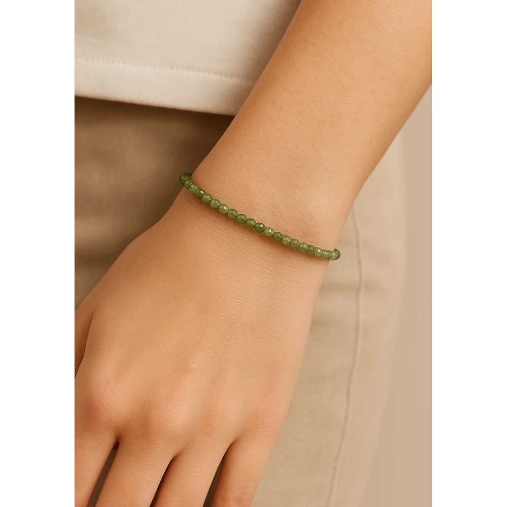 Green Rutilated Quartz Crystal Bracelet - 2mm Faceted Bead (Gold)