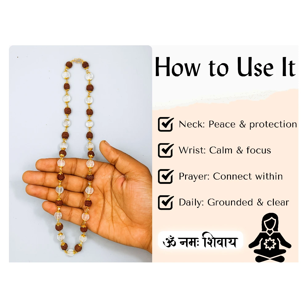 Rudraksha and Sphatik Mala Necklace (Gold Chain) (Faceted)