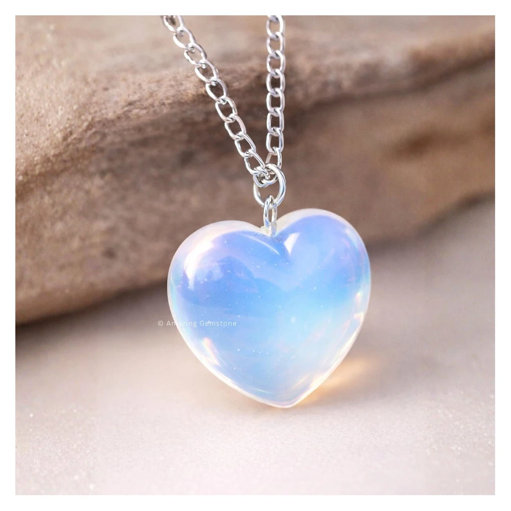 Opalite Heart Crystal Necklace (Puffy Heart)