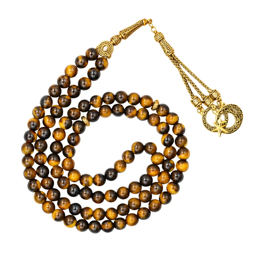 Tiger Eye Crystal Tasbeeh Sibha Prayer Beads (Gold)