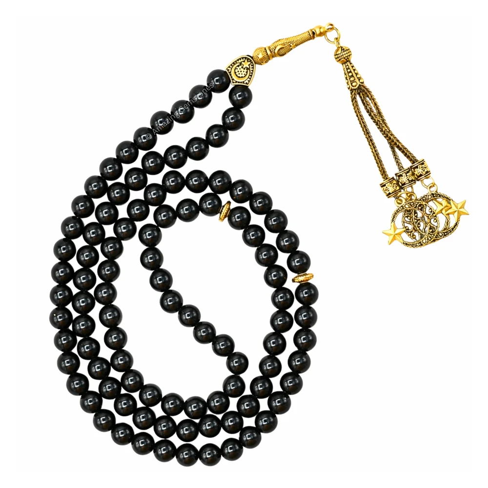 Black Obsidian Crystal Tasbeeh Sibha Prayer Beads (Gold)