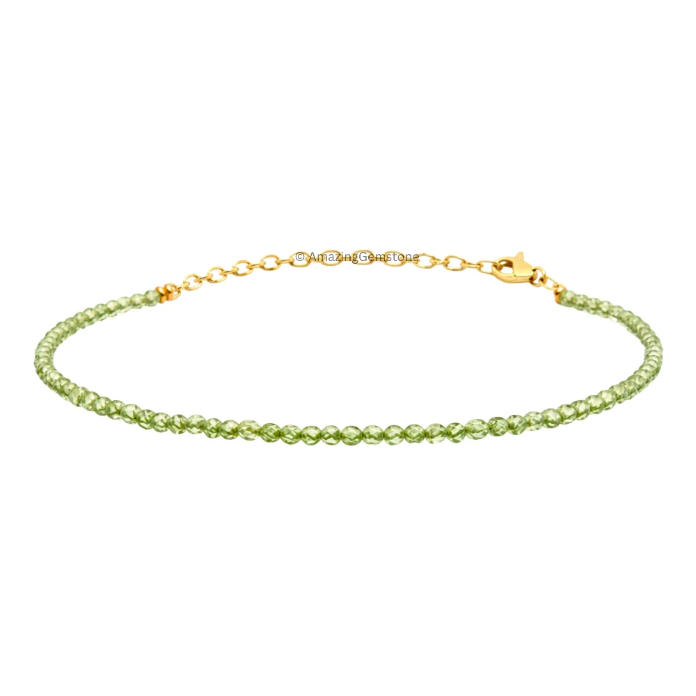Peridot Crystal Bracelet - 2mm Faceted Bead (Gold)