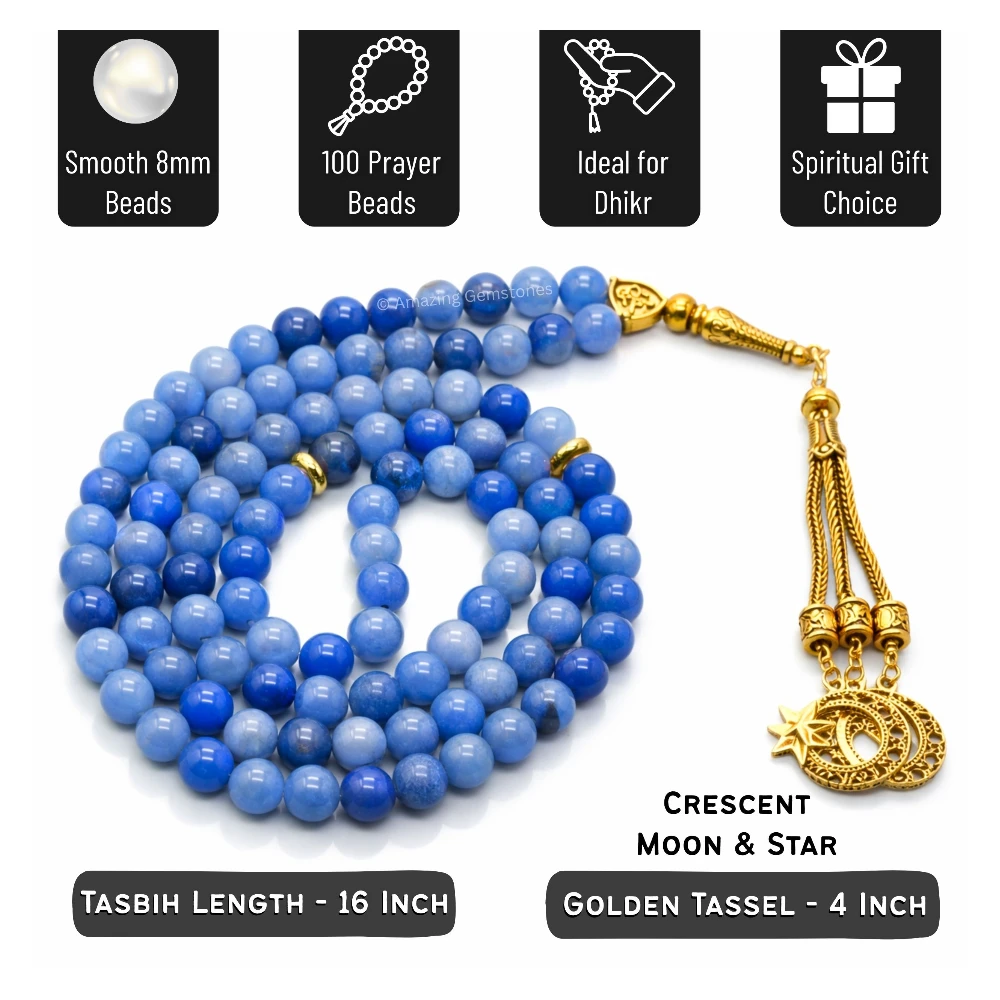 Blue Aventurine Crystal Tasbeeh Sibha Prayer Beads (Gold)