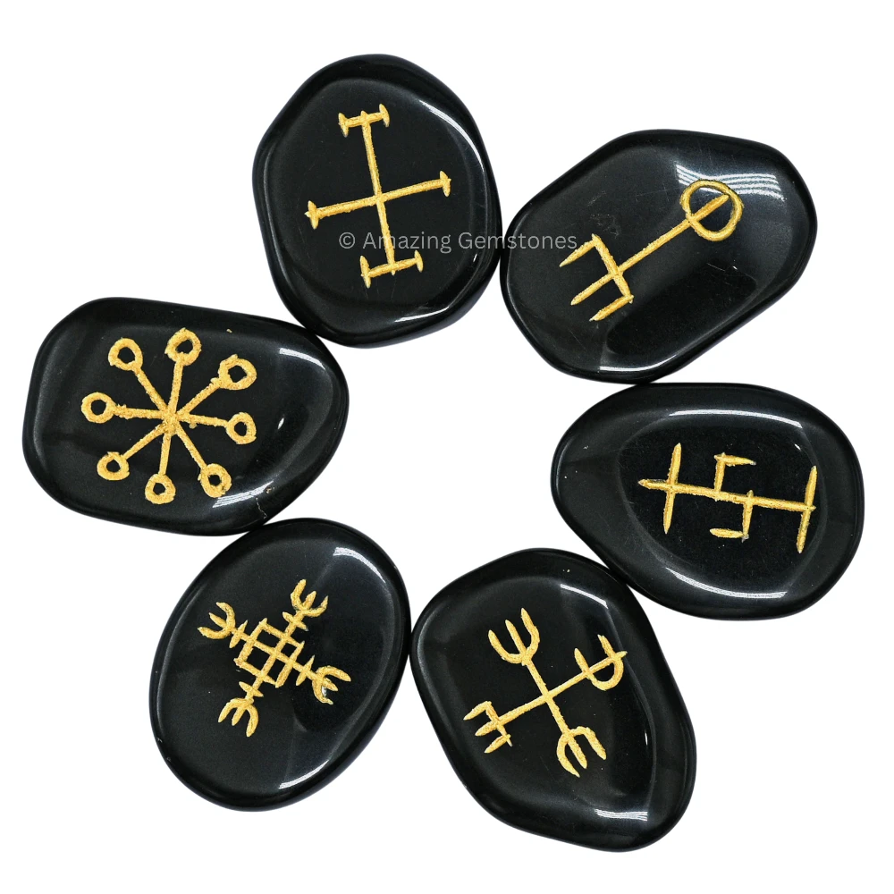 Black Agate Wiccan Nordic Viking Runes Stones (Set of 6)