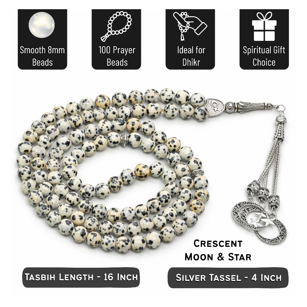 Dalmatian Jasper Crystal Tasbeeh Sibha Prayer Beads (Silver)