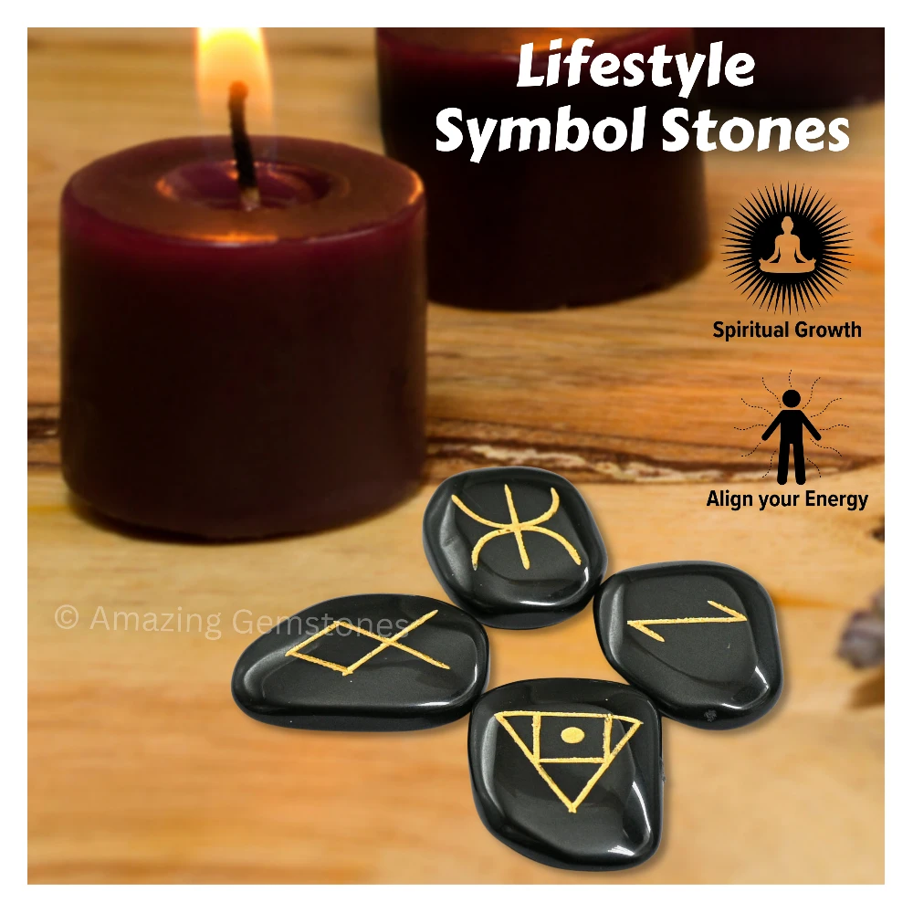 Black Agate Lifestyle Symbol Engraved Stones (Set of 4)