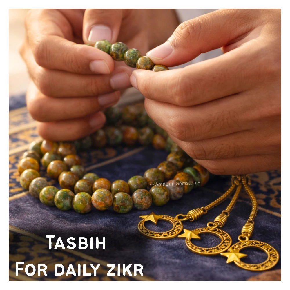 Unakite Crystal Tasbeeh Sibha Prayer Beads (Gold)